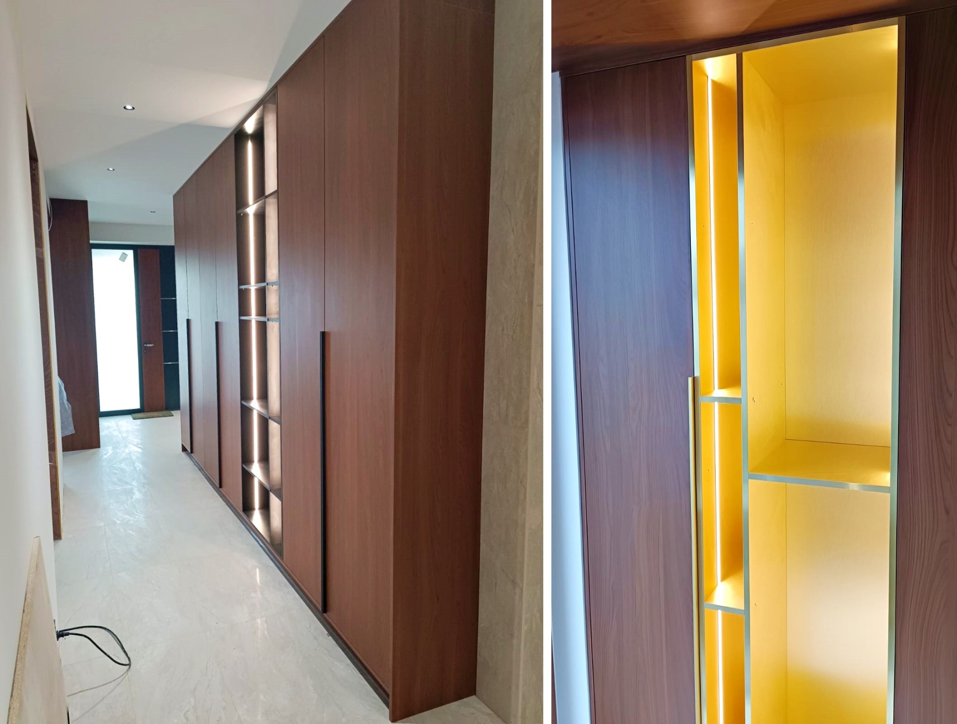 Garderoben-Einbauschrank in Nussbaum mit LED-Beleuchtung