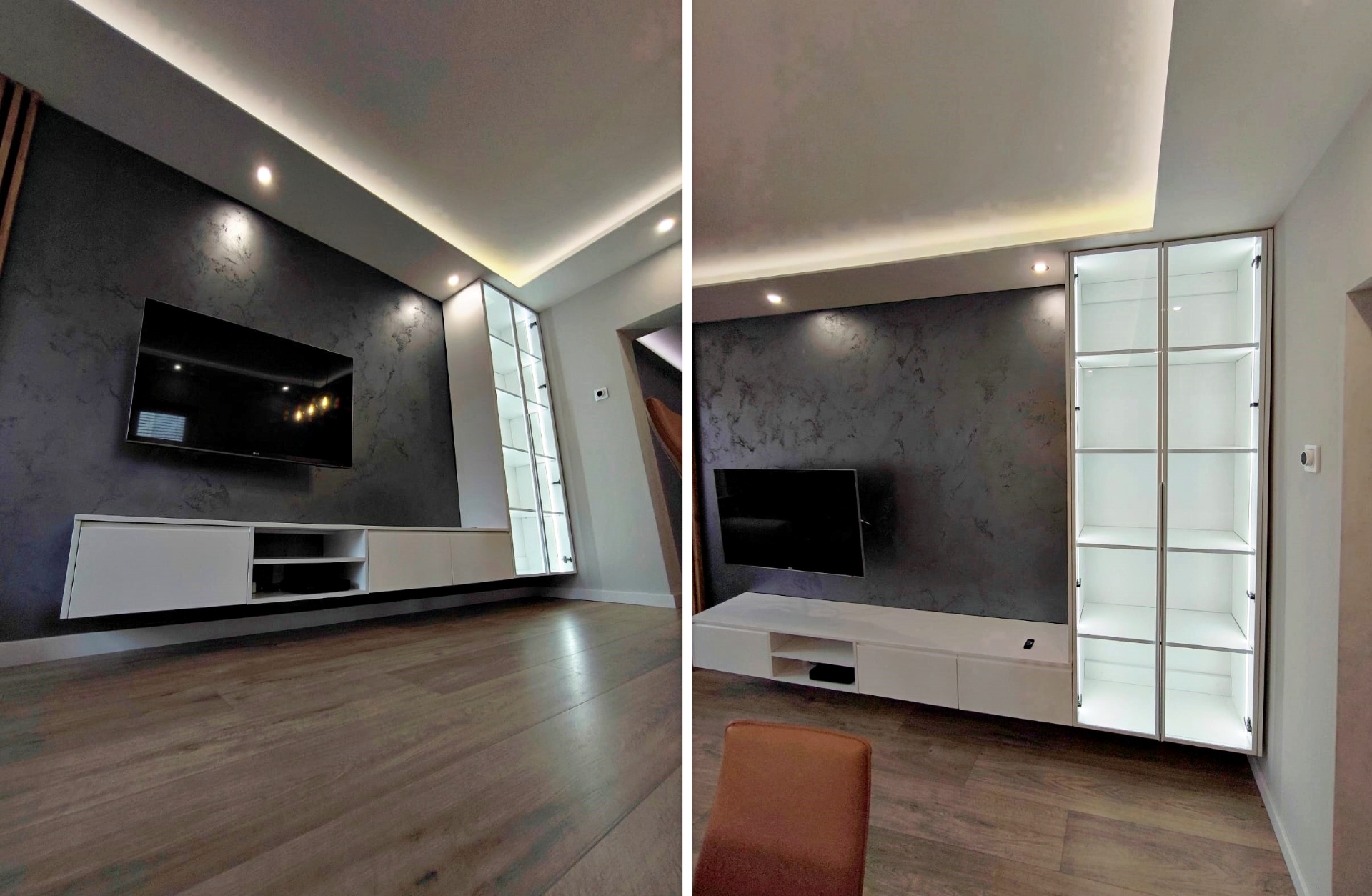 TV-Wand mit beleuchteter Vitrine