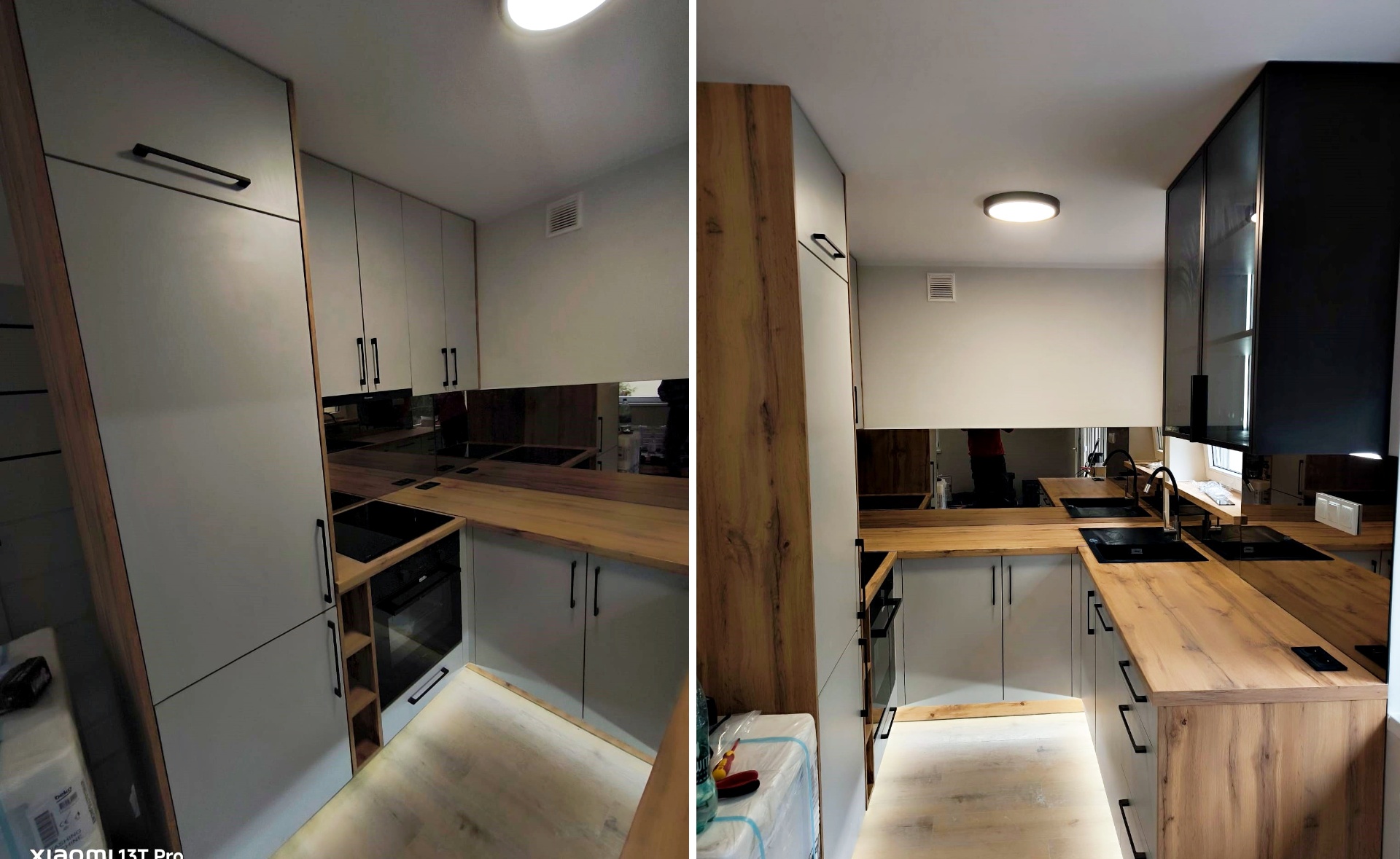 L-förmige Küche in Holzoptik mit Vitrine