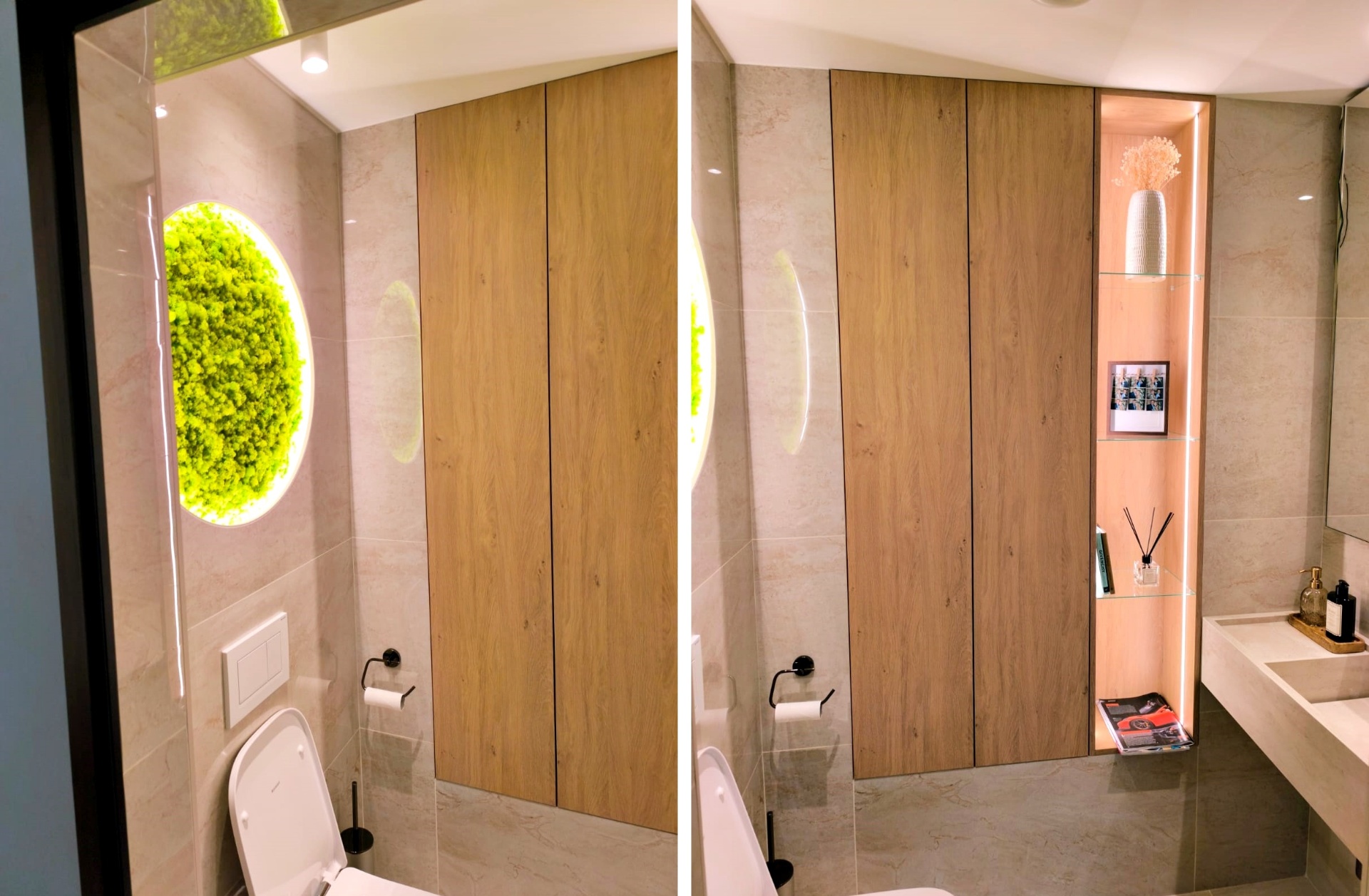 Badezimmer-Einbauschrank in Eiche mit Moos-Deko