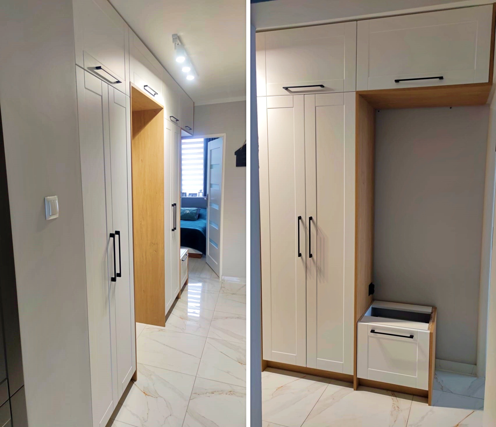 Flur-Einbauschrank in Weiß mit Holz-Nische und Sitzbank